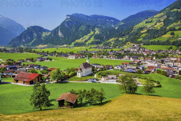 View of the village and valley, Hippach, Zillertal, Zillertal Alps, Tyrol, Austria