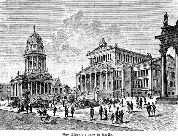 German Cathedral, Baroque, architect Carl von Gontard and theatre, concert hall at Gendarmenmarkt, Classicism, architect Karl Friedrich Schinkel, Berlin, Germany, historical illustration 1896