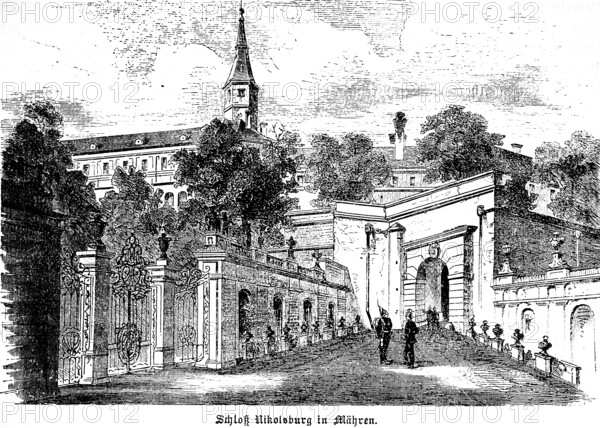 Mikulov Castle in Mikulov, Czech Republic, formerly Nikolsburg Castle, tower, hill, guard at the entrance, wall, park entrance, busts, historical illustration 1896