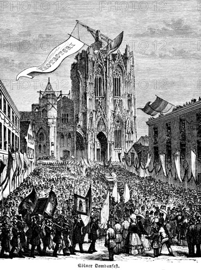 Cologne Cathedral and Cathedral Building Festival of 1880, public festival, crowd, flags, enthusiasm, joy, mood, inscription Protectori, building crane, Cologne, Germany, historical illustration 1896