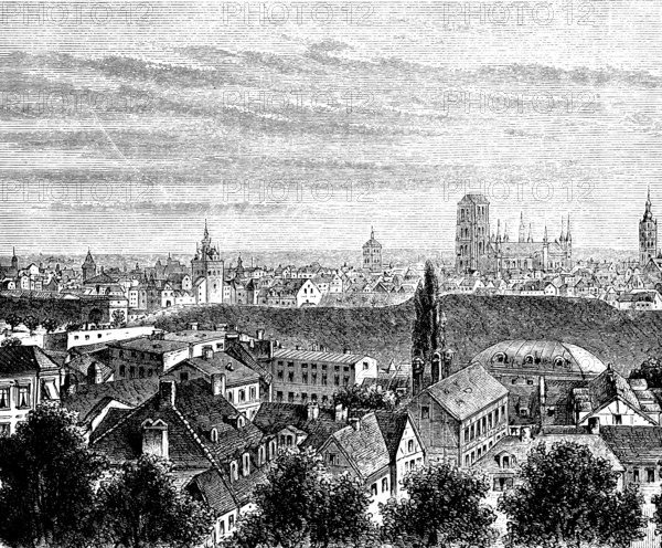 Cityscape of Gdansk, Pomerania, Poland, churches, towers, former German Empire, historical illustration 1896