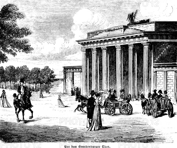 Brandenburg Tor in Berlin, horse-drawn carriages, riders, walkers, Germany, historical illustration 1896