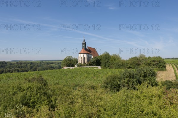 Pilgrimage church Maria im Weingarten, stands in a picturesque setting, surrounded by green hills and clear skies, near Volkach am Main, Lower Franconia, Mainfranken, Bavaria, Germany