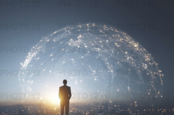 Businessman standing in front of the illuminated globe that shows light interconnections over the networked connection, AI generated