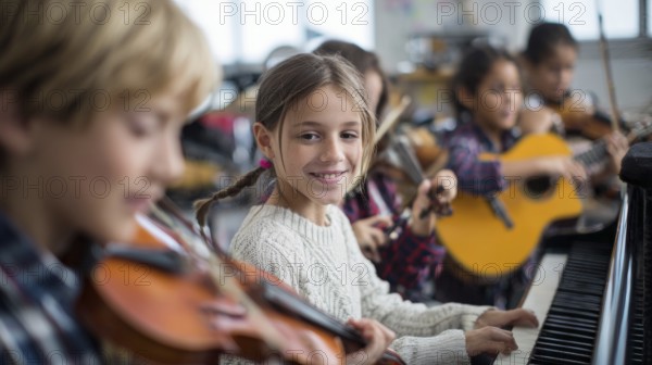 Diverse children paying musical instrument and learning music at music school, AI generated