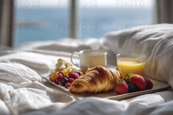 Breakfast in bed on vacation at a luxury hotel room with beautiful ocean view, AI generated