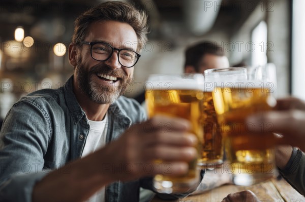 Cheerful man and his friends toast with beer while gathering in bar for the celebration event, AI generated
