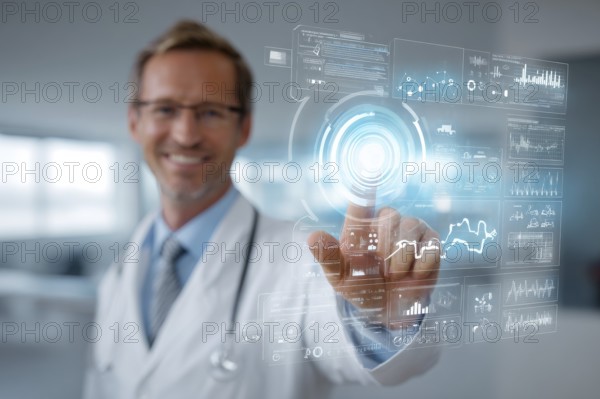 Doctor touching a medical interface in the hospital. Concept of new medical technologies and research and development in advanced medical facility, AI generated