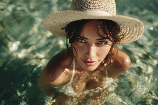 Caucasian model going into clear ocean water on summer vacation, AI generated