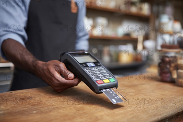 Businessman using payment terminal, credit card is inserted in POS to complete digital payment, AI generated