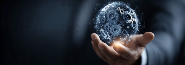 Businessman holding a digital sphere with global network and gears icons on a dark blue background, AI generated