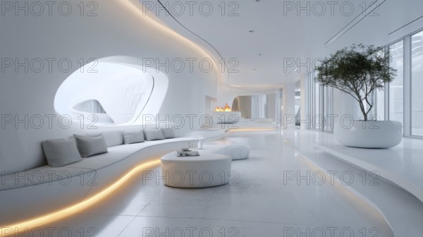 Bright futuristic living room with curved built-in sofa, oval windows create a glowing ambiance. Modern and minimal design, AI generated