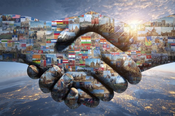 Collage and culture and business cooperation between governments. Shaking hands covered in international country flags, AI generated