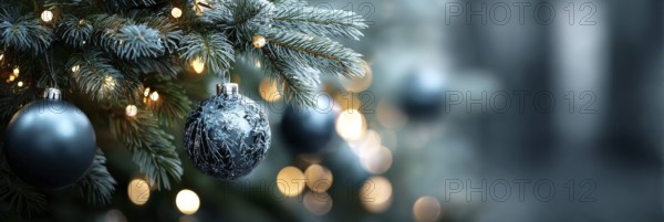 Christmas Tree With Baubles, holiday season and holiday greetings. Happy family time, AI generated