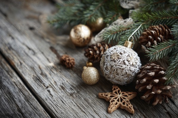Christmas decoration on wooden background, AI generated