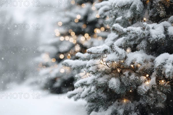 Christmas background. Xmas tree with snow decorated with garland lights, holiday festive background, AI generated
