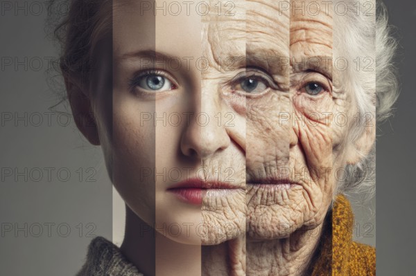 Collage of a face of the same person aging from young to old, AI generated
