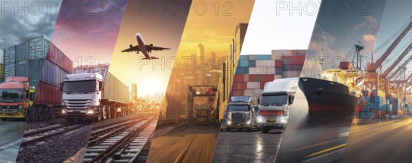 Collage international interconnected transportation businesses.Global trade and commerce of international corporations, AI generated
