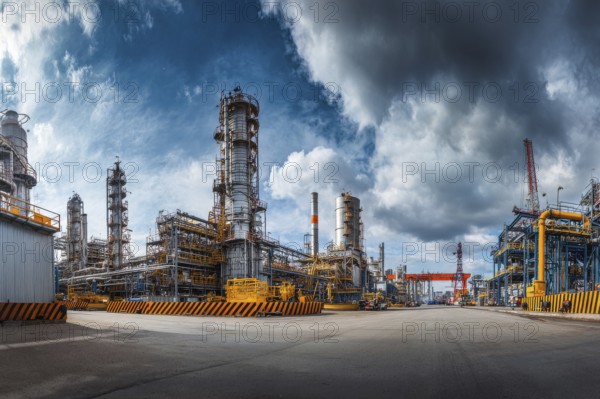 Collage of industrial factories and warehouses. Illustration of global international trade and commerce, AI generated