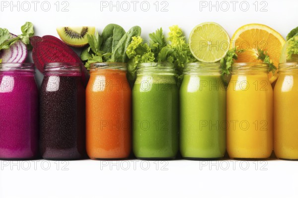 Collage healthy organic juices that improve digestion health and heart health, AI generated
