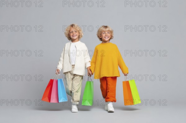 Children with colourful shopping bggs, AI generated