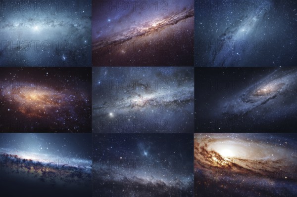 Collage of galaxies nebulas and cosmos space, AI generated