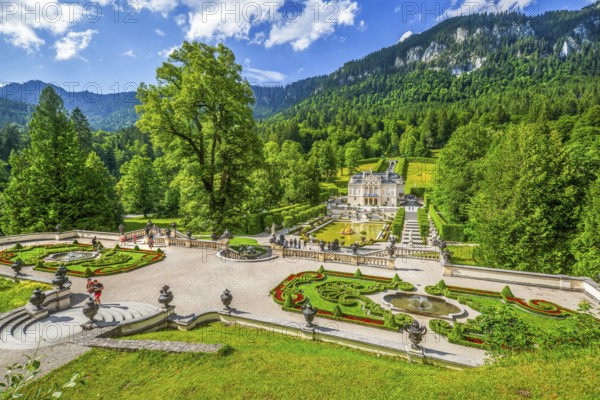 Baroque gardens at the Temple of Venus with a view of the water parterre and Linderhof Palace, Ettal, Ammertal, Upper Bavaria, Bavaria, Germany, UNESCO World Heritage Site