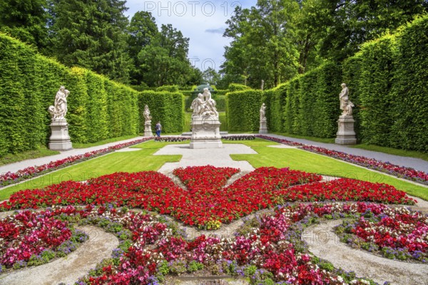 Baroque garden parterre on the east side of Linderhof Palace, Ettal, Ammertal, Upper Bavaria, Bavaria, Germany, UNESCO World Heritage Site