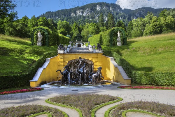 North parterre with Neptune Fountain at Linderhof Palace, Ettal, Ammertal, Upper Bavaria, Bavaria, Germany, UNESCO World Heritage Site