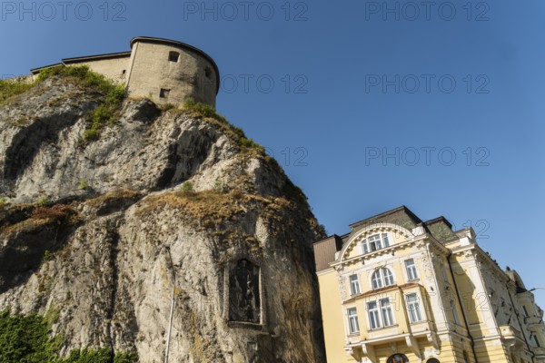 Hotel Elizabeth with relief by Jan Jiskra on the castle hill in Trencin, Capital of Culture 2026, Trencín, Slovakia