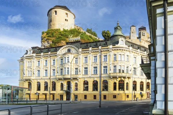 Hotel Elizabeth with the castle in Trencin in the background, Capital of Culture 2026, Trencín, Slovakia