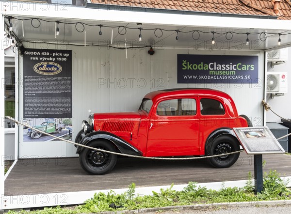 A red Skoda Popular in the Skoda Museum, Capital of Culture 2026, Trencín, Slovakia