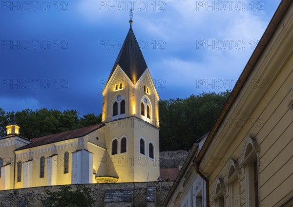 Night shot of the parish church of the Nativity of the Virgin Mary, Capital of Culture 2026, Trencín, Slovakia