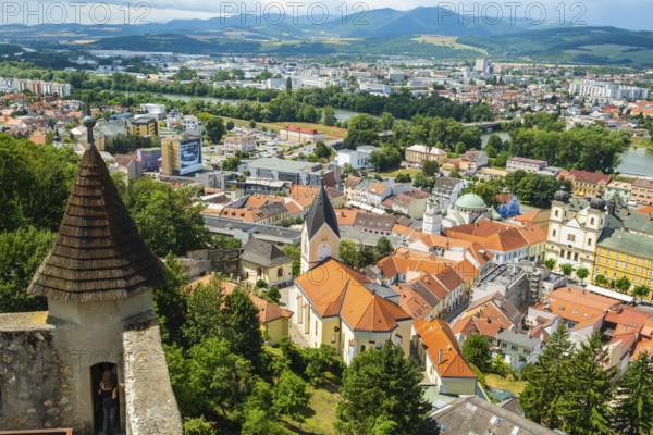 View from the castle of the town of Trencín, the parish church of the Nativity of the Virgin Mary and the Neolog Synagogue as well as the old town centre of Trencin, Capital of Culture 2026, Trencín, Slovakia