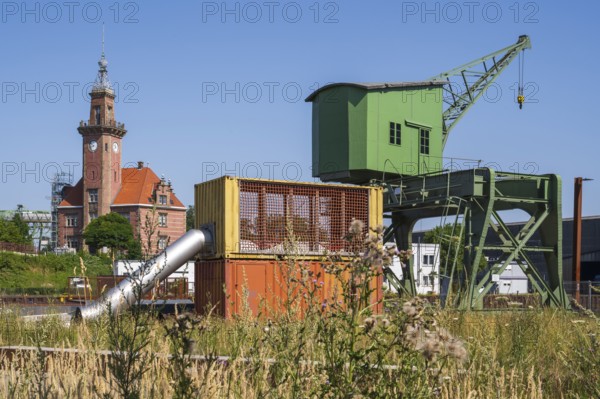 Historic crane and old harbour office, harbour, Dortmund, Ruhr area, North Rhine-Westphalia, Germany