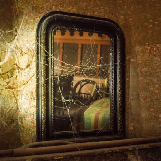 A weathered mirror stands in a neglected room, covered in cobwebs. The faded decor hints at past inhabitants, evoking a sense of nostalgia and mystery in the dim light