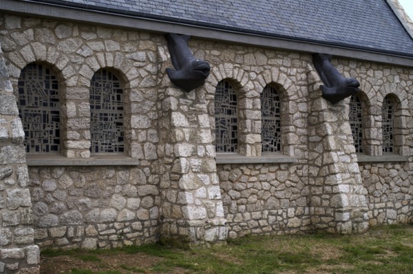 Side view, decorations, fish heads as gargoyles, church Chapelle Notre Dame de la Garde, Étretat, Normandy, Seine-Maritime, France