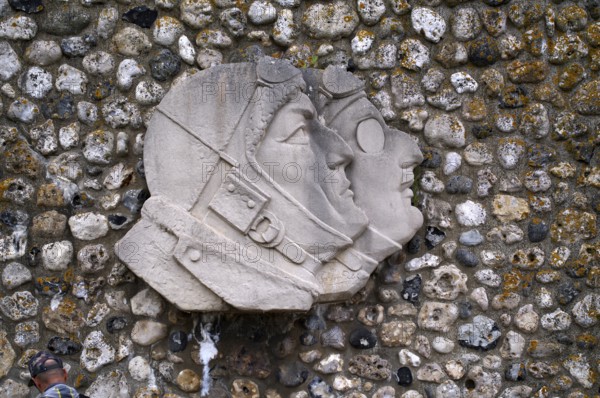 Portraits, memorial in honour of the French aviators François Coli and Charles Nungesser, behind the church Chapelle Notre Dame de la Garde, Étretat, Normandy, Seine-Maritime, France