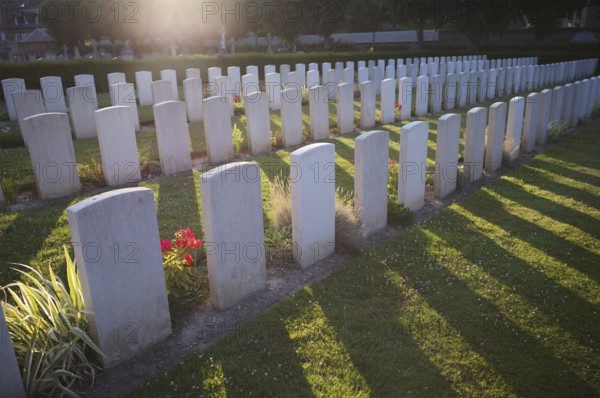 Flowers, gravestones, war graves, soldiers' graves, military cemetery, First World War, Church of Our Lady of Notre-Dame d'Étretat, Étretat, backlight, evening light, Normandy, Seine-Maritime, France