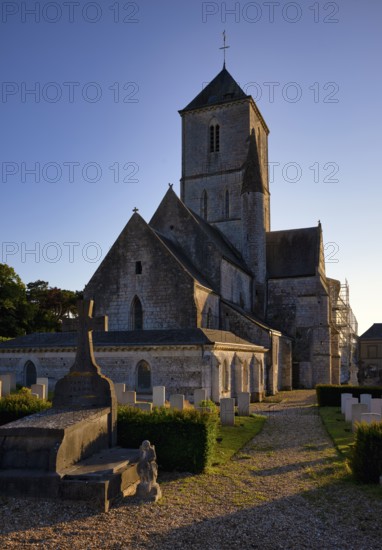 Cemetery and Church of Our Lady of Notre-Dame d'Étretat, Étretat, evening light, Normandy, Seine-Maritime, France