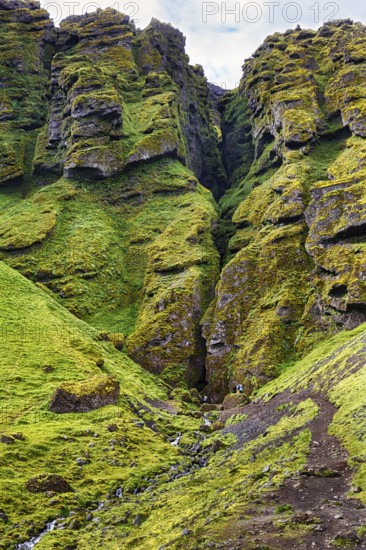 Moss-covered rock formation with entrance to the mystical lava cave, Sönghellir lava tube, Cave of Songs, Arnarstapi, Snaefellsjökull National Park, Snaefellsnes Peninsula, West Iceland, Iceland
