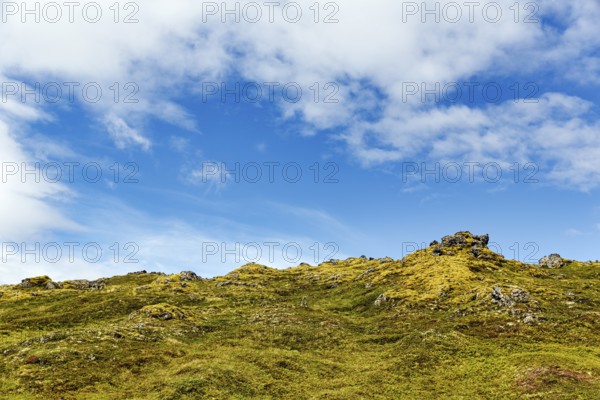 Volcanic rock, overgrown with moss, sparse vegetation, volcanic landscape, cumulus, text free space, Snæfellsnes Peninsula, Snaefellsnes, West Iceland, Iceland
