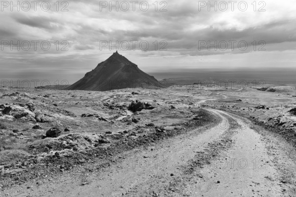 Barren mossy volcanic landscape, cone-shaped mountain Stapafell, monochrome, Arnarstapi, volcanic system Snaefellsjökull, peninsula, Snaefellsnes, West Iceland, Iceland