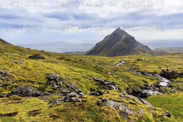 Barren moss-covered volcanic landscape, cone-shaped mountain Stapafell, Arnarstapi, Snæfellsjökull volcanic system, Snaefellsnes peninsula, West Iceland, Iceland