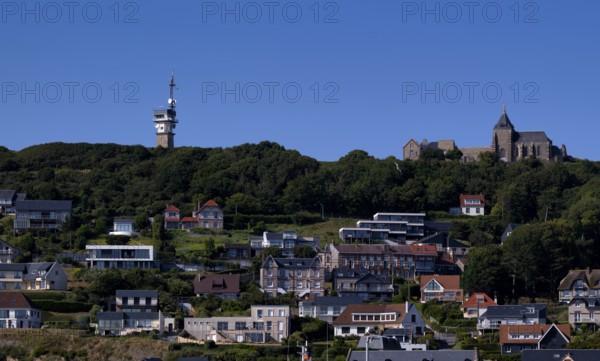 Tower Sémaphore de Fécamp, church Chapelle Notre-Dame-du-Salut de Fécamp, on the mountain saddle Trou au Chien, Fécamp, Normandy, Seine-Maritime, France