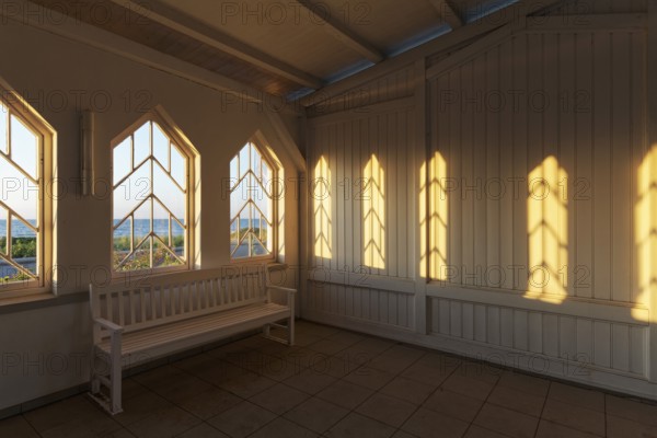 Concert garden Kühlungsborn-West, evening sun shining through the window, architecture in the style of 1928, Baltic resort Kühlungsborn, Baltic Sea, Mecklenburg-Western Pomerania, Germany