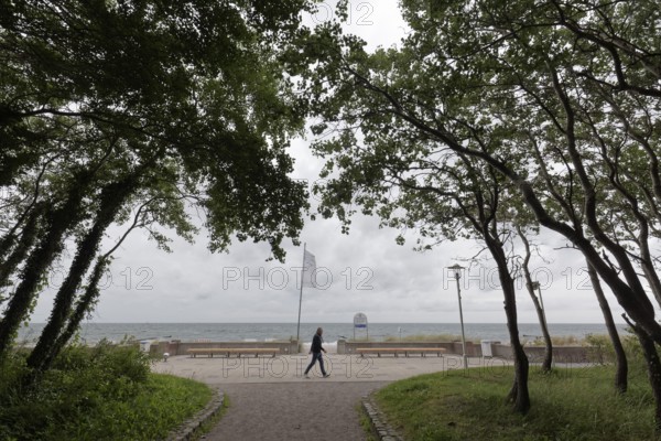 Single person walking along the beach promenade, cloudy sky, Baltic resort Kühlungsborn, Baltic Sea, Mecklenburg-Vorpommern, Germany