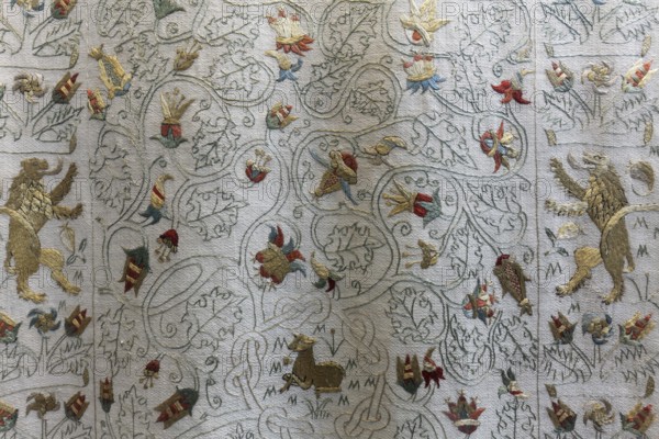 Wedding cloth from the 16th century, embroidered ornaments and lions, St Mary's Church, Rostock, Mecklenburg-Vorpommern, Germany