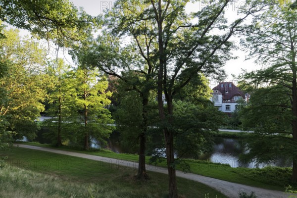 Castle moat in Celle Castle Park, landscape garden, Celle, Lower Saxony, Germany