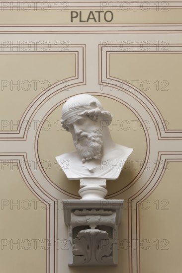 Plato, ancient Greek philosopher, bust in the stairwell, main building of the University of Rostock, Mecklenburg-Western Pomerania, Germany